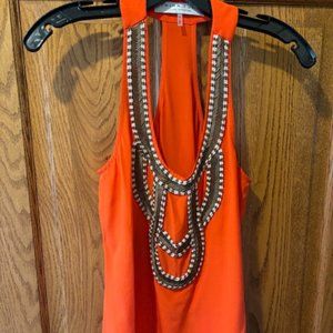 Trina Turk Silk Blouse with Beautiful Beadwork, Orange, S